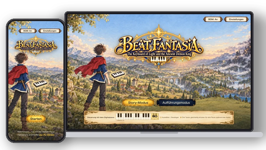 Der Titelbildschirm von Beat Fantasia auf einem Smartphone und auf einem Computer