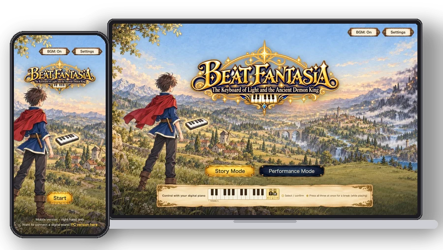 Beat Fantasia's title screen on a phone and a computer