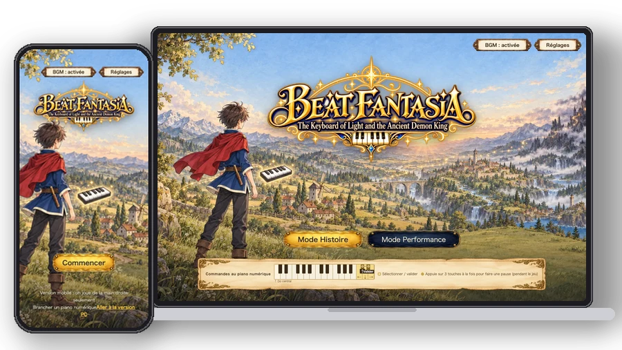 L'écran-titre de Beat Fantasia sur un smartphone et sur un ordinateur