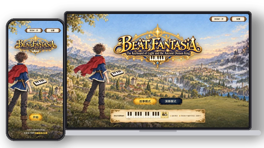 手机和电脑上显示的 Beat Fantasia 标题画面