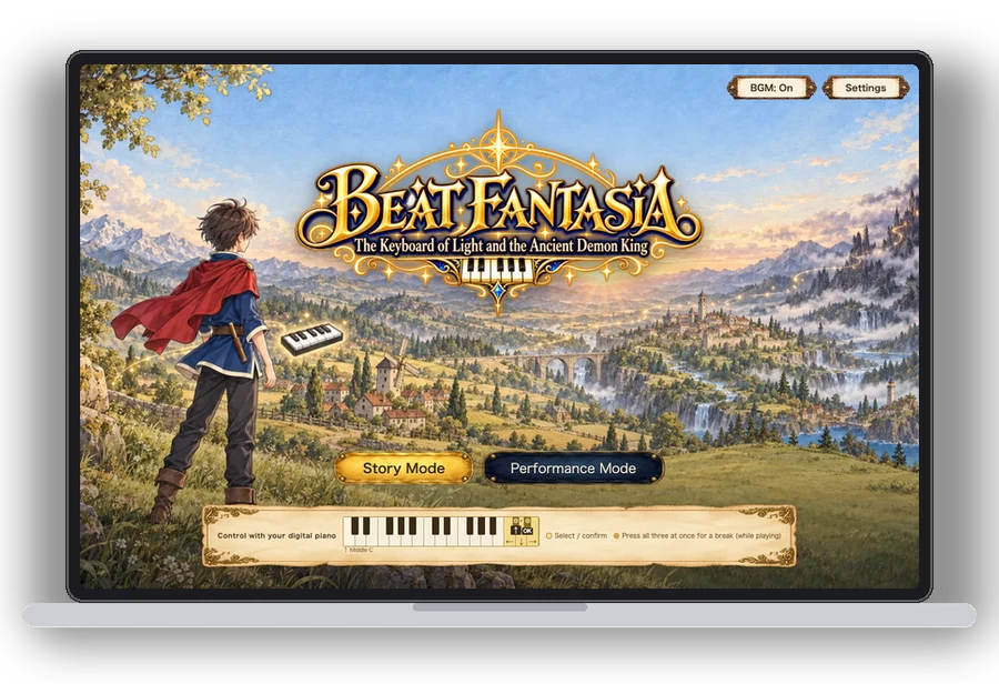 Beat Fantasia's title screen on a computer