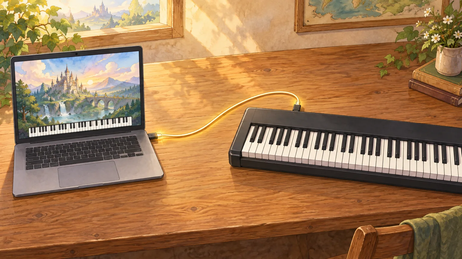 パソコンと電子ピアノを MIDI ケーブルでつないだ絵