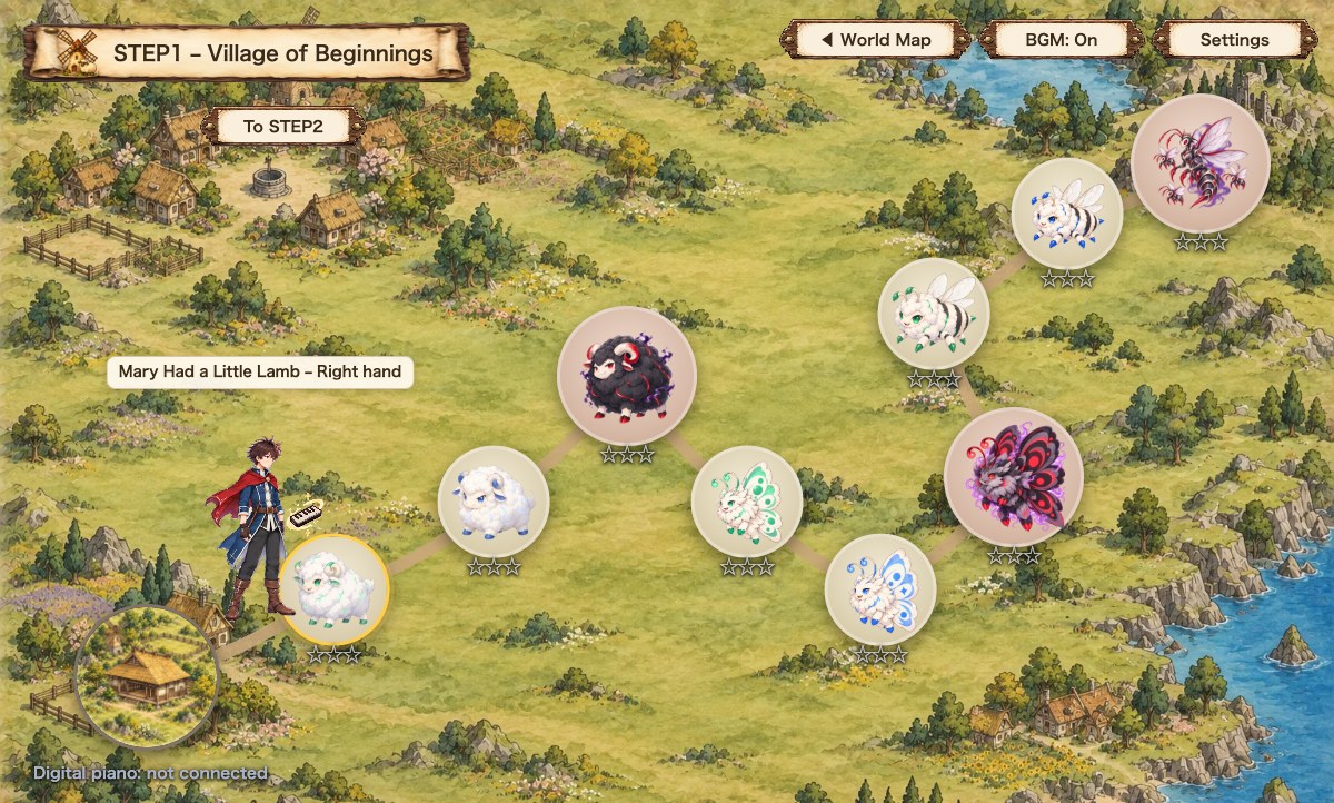 The STEP1 map. The hero stands before the next circle on a path of linked circles