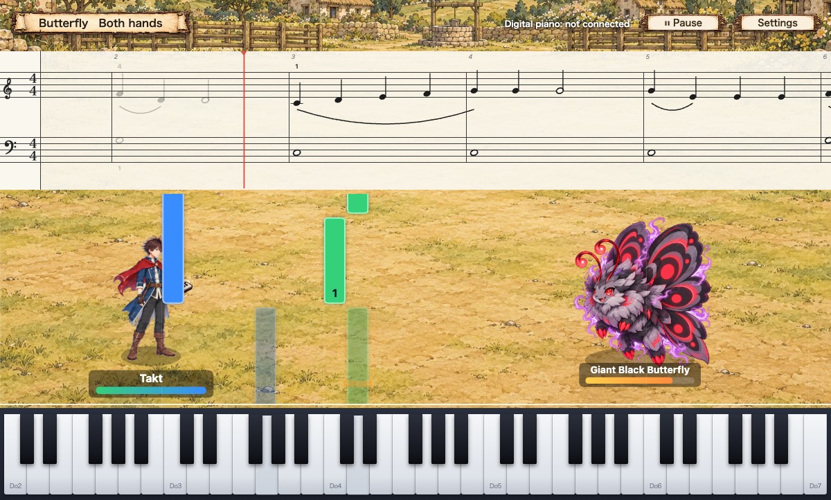 Battling a butterfly monster with the song Butterfly. Notes fall beneath the sheet music