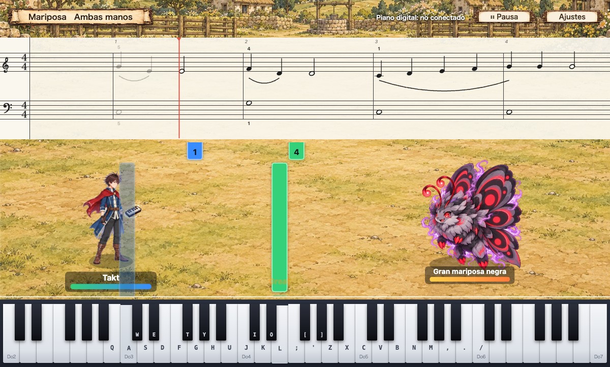 Pantalla de batalla contra el monstruo mariposa con la pieza Mariposa. Bajo la partitura caen las notas