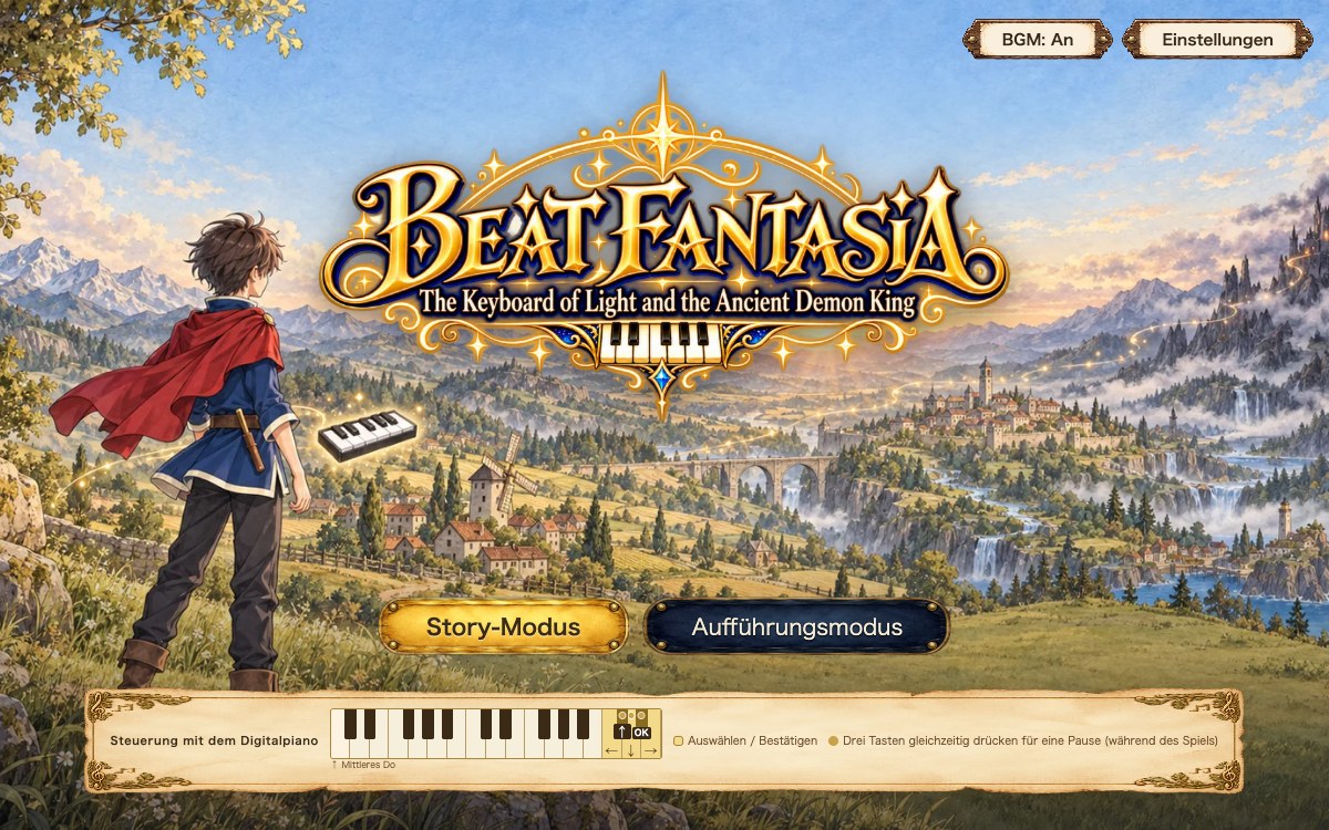 Titelbildschirm von Beat Fantasia: der Held auf einem Hügel und der Schriftzug