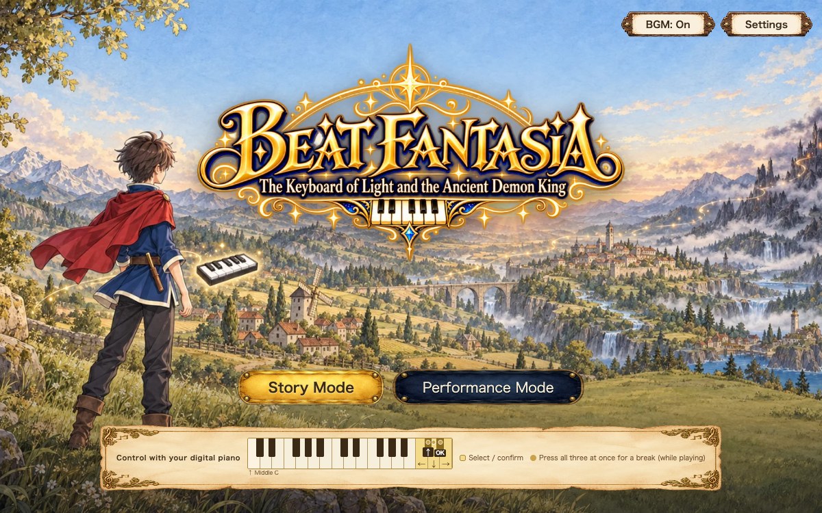 The Beat Fantasia title screen: the hero standing on a hill beneath the game's logo
