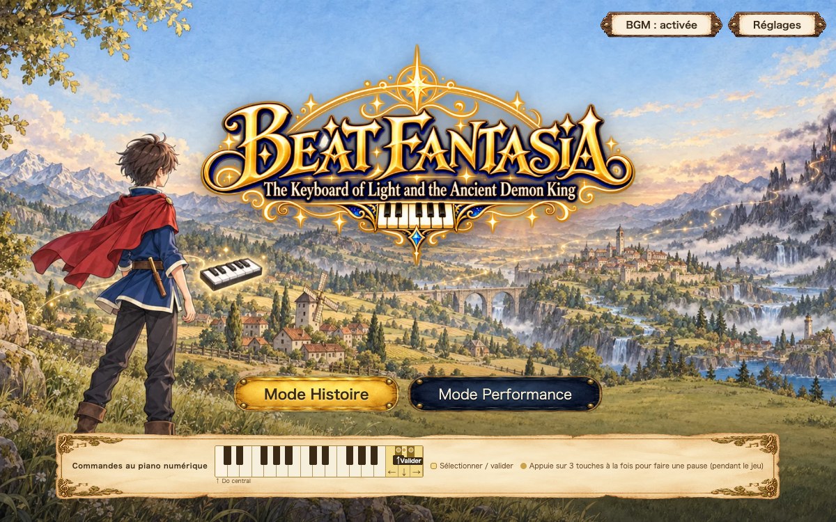 Écran-titre de Beat Fantasia&nbsp;: le héros debout sur une colline et le logo