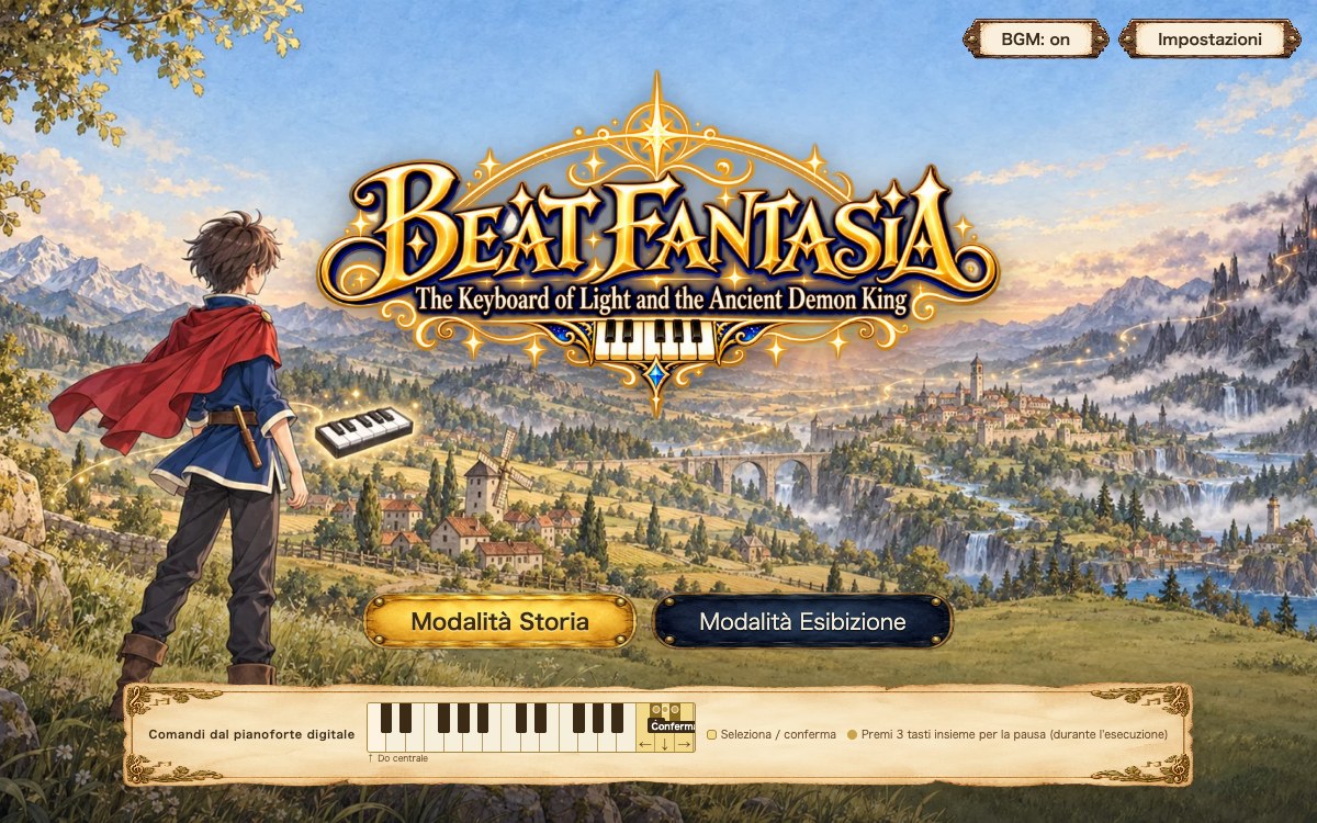Schermata del titolo di Beat Fantasia: il protagonista in piedi su una collina e il logo