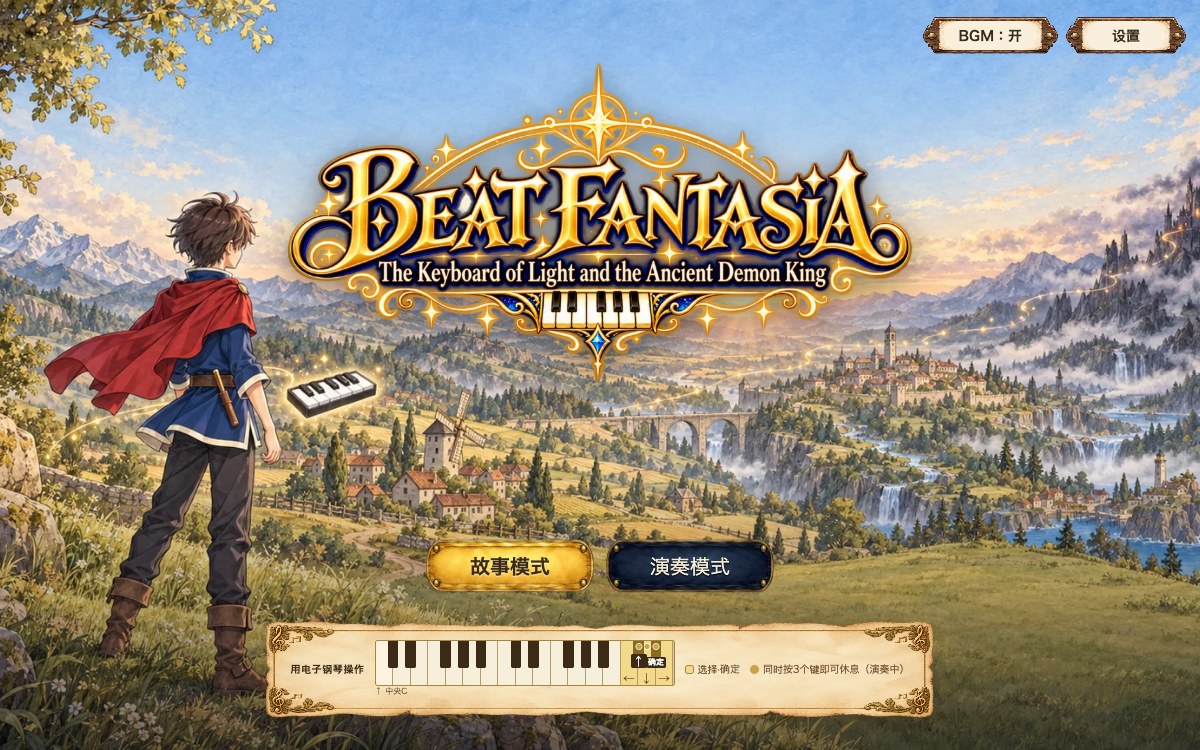 Beat Fantasia 的标题画面。站在山丘上的主人公和标题文字