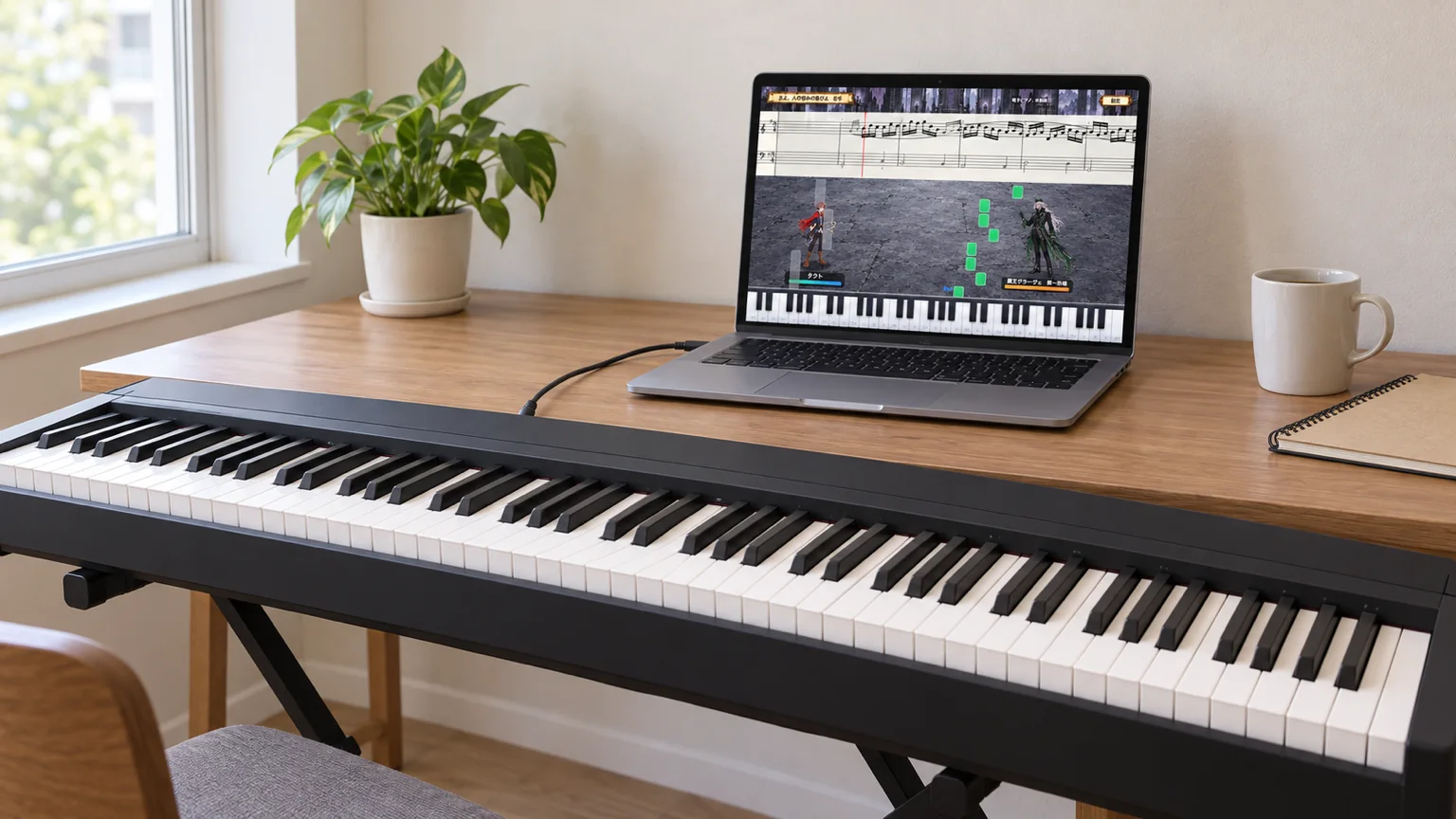 Un piano digitale su una scrivania, collegato con un cavo USB a un computer portatile. Sullo schermo, una scena di battaglia del gioco